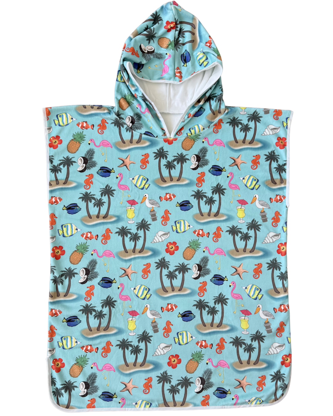 Serviette poncho à capuchon pour adulte et enfant : Palmiers, poissons et plage tropical