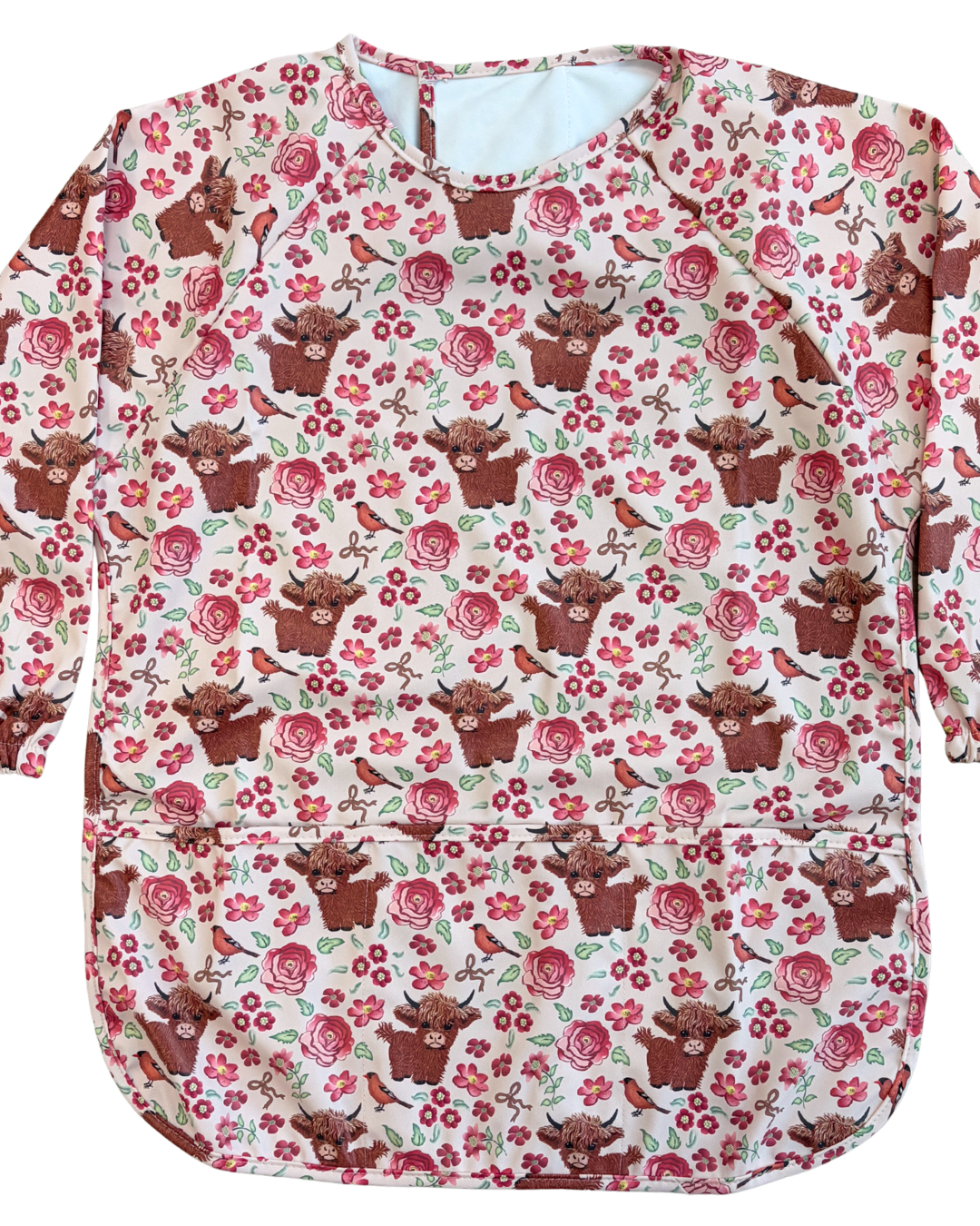 CHILDREN'S waterproof art and cooking apron (ages 4 to 7): Highland cows in a pink flower garden