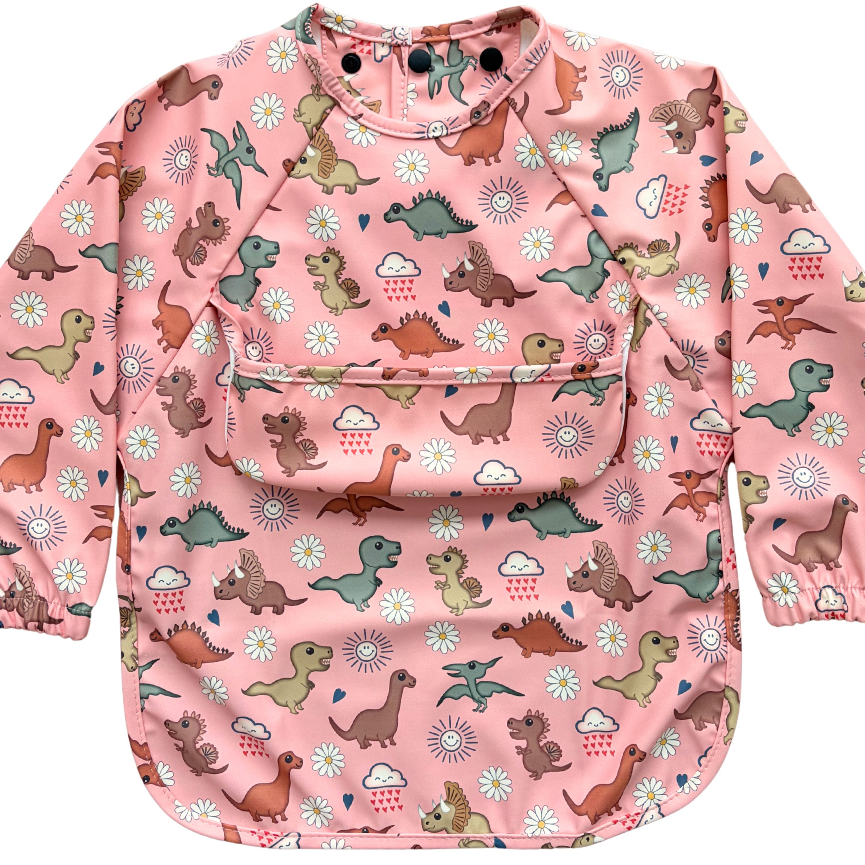 Bavette imperméable à manches longues avec poche : Dinosaures adorables (fond corail)