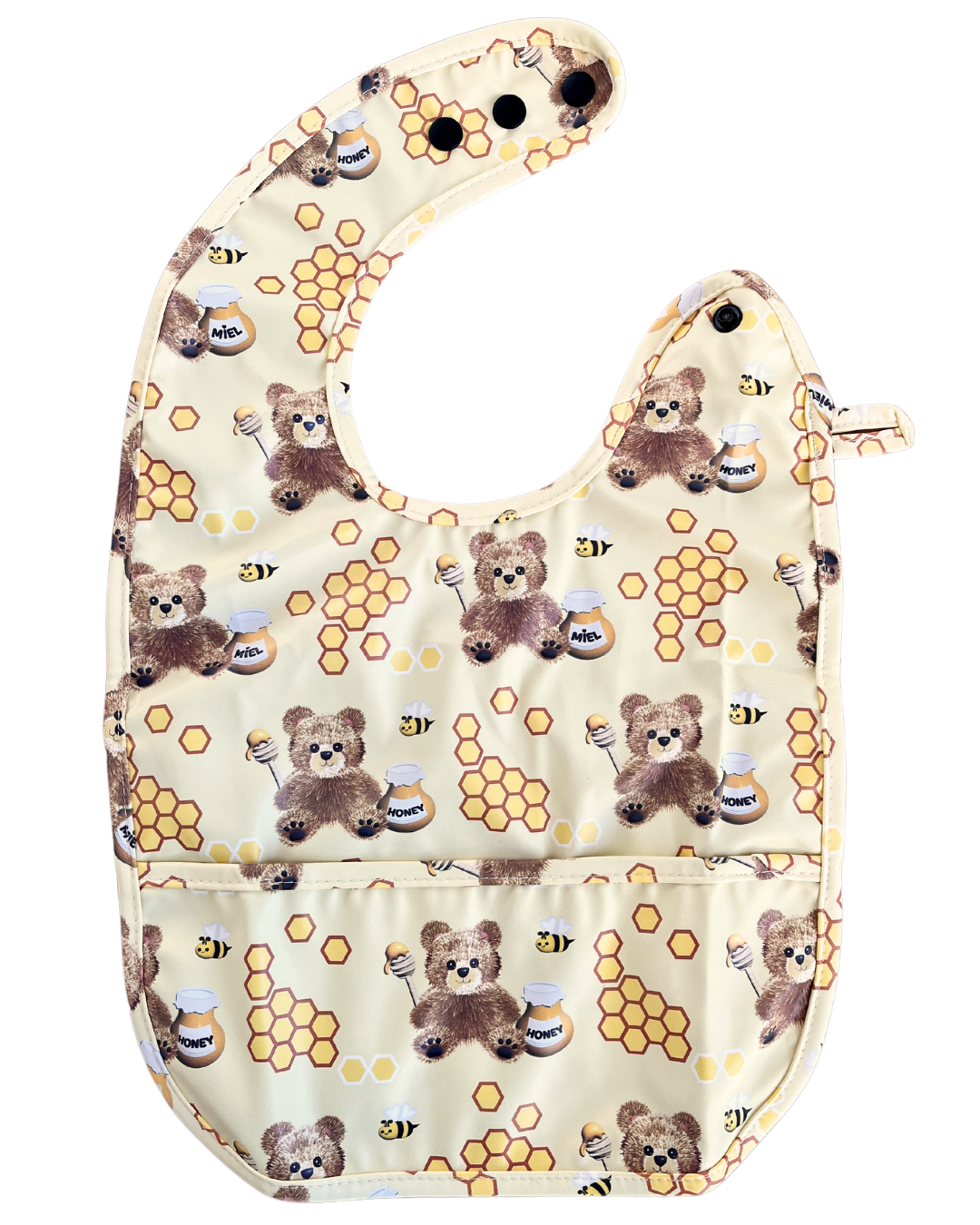 Bavette imperméable avec poche : Oursons charmants et leurs petits pots de miel