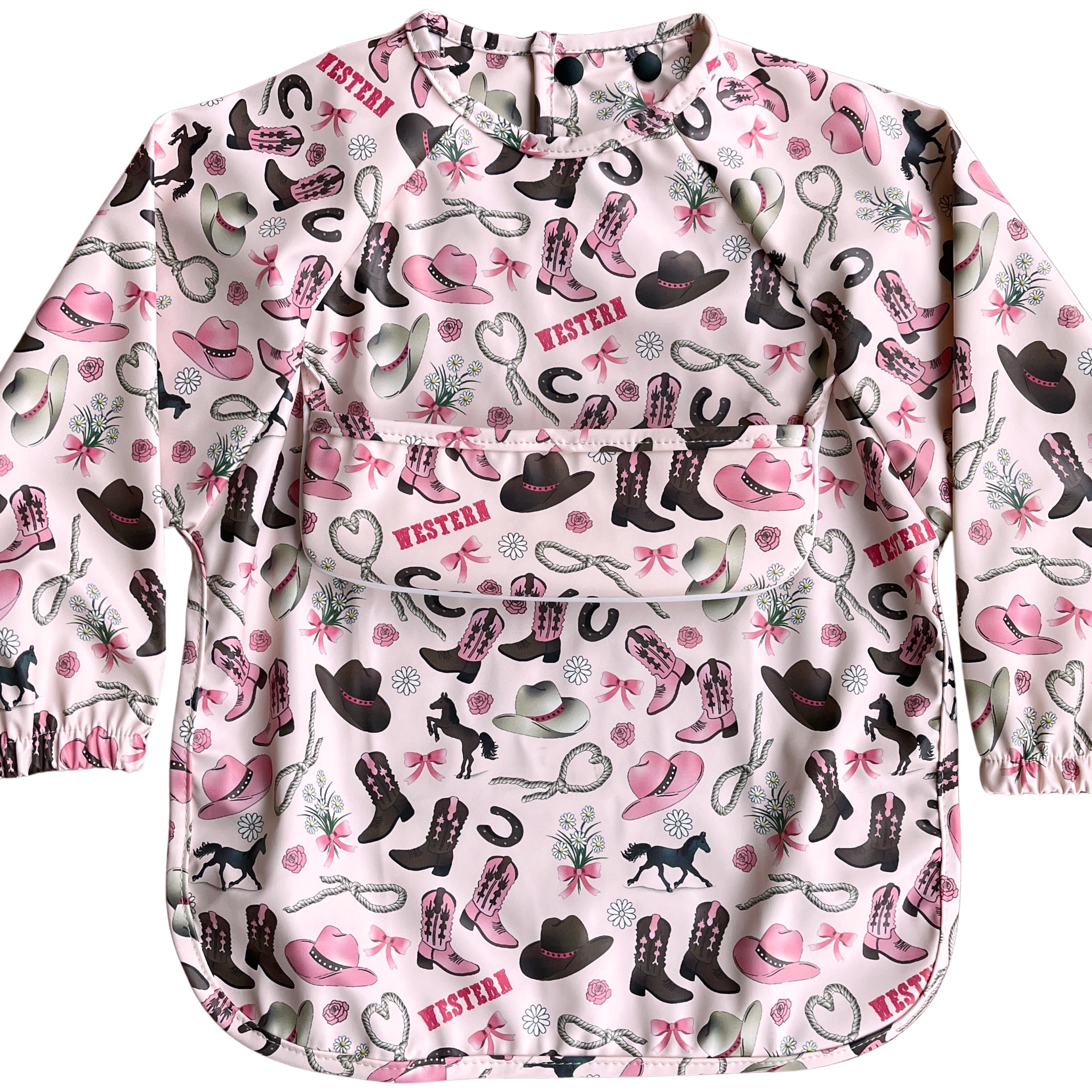 Waterproof long-sleeved bib with pocket: Pink Western Cowboy