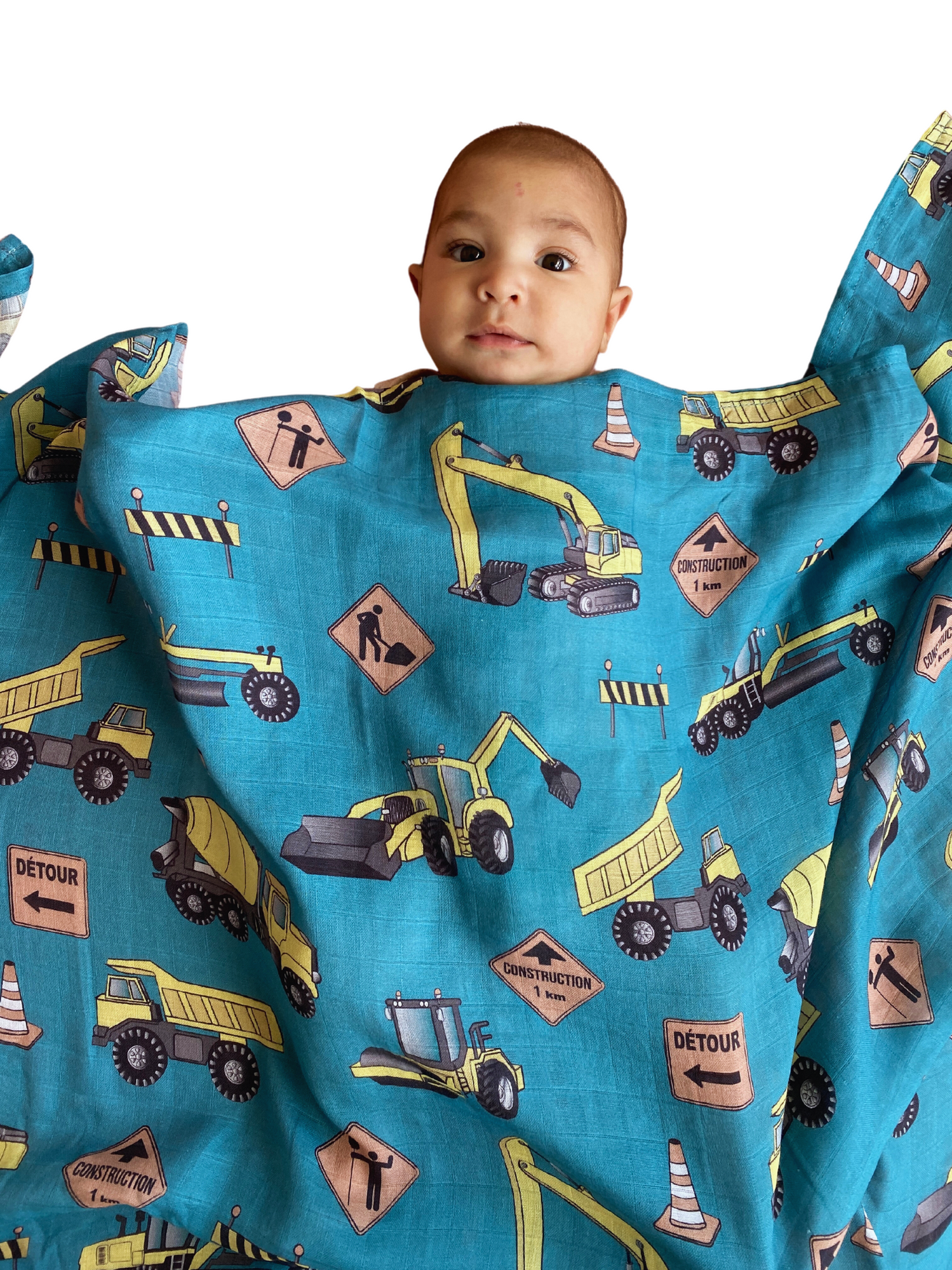 Muslin Swaddle: Construction Trucks (Teal Background)