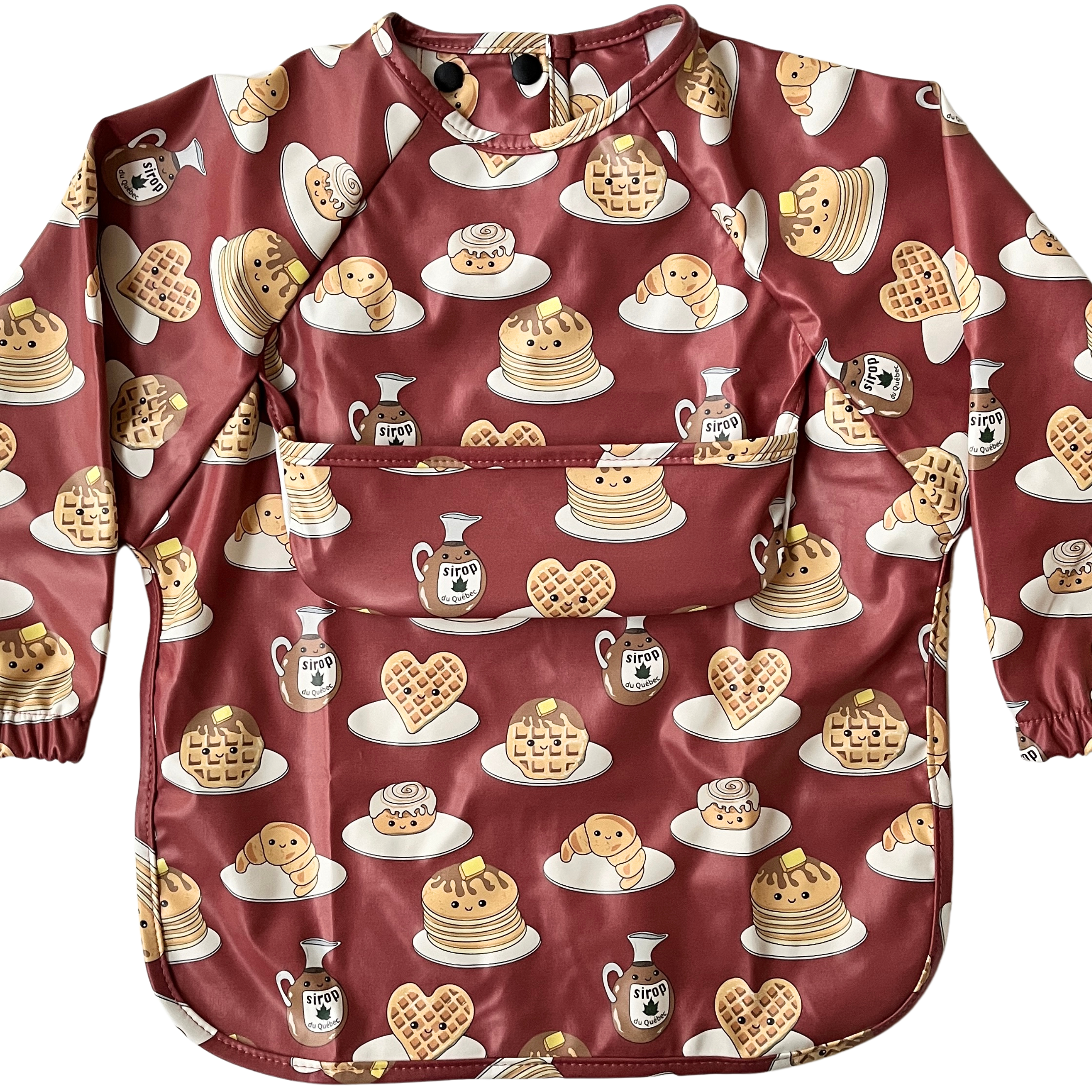 Long-sleeve waterproof bib with pocket: Exquisite maple syrup and delicious pancakes