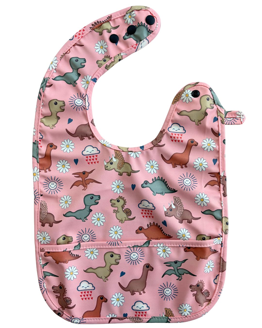 Bavette imperméable avec poche : Dinosaures adorables (fond corail)