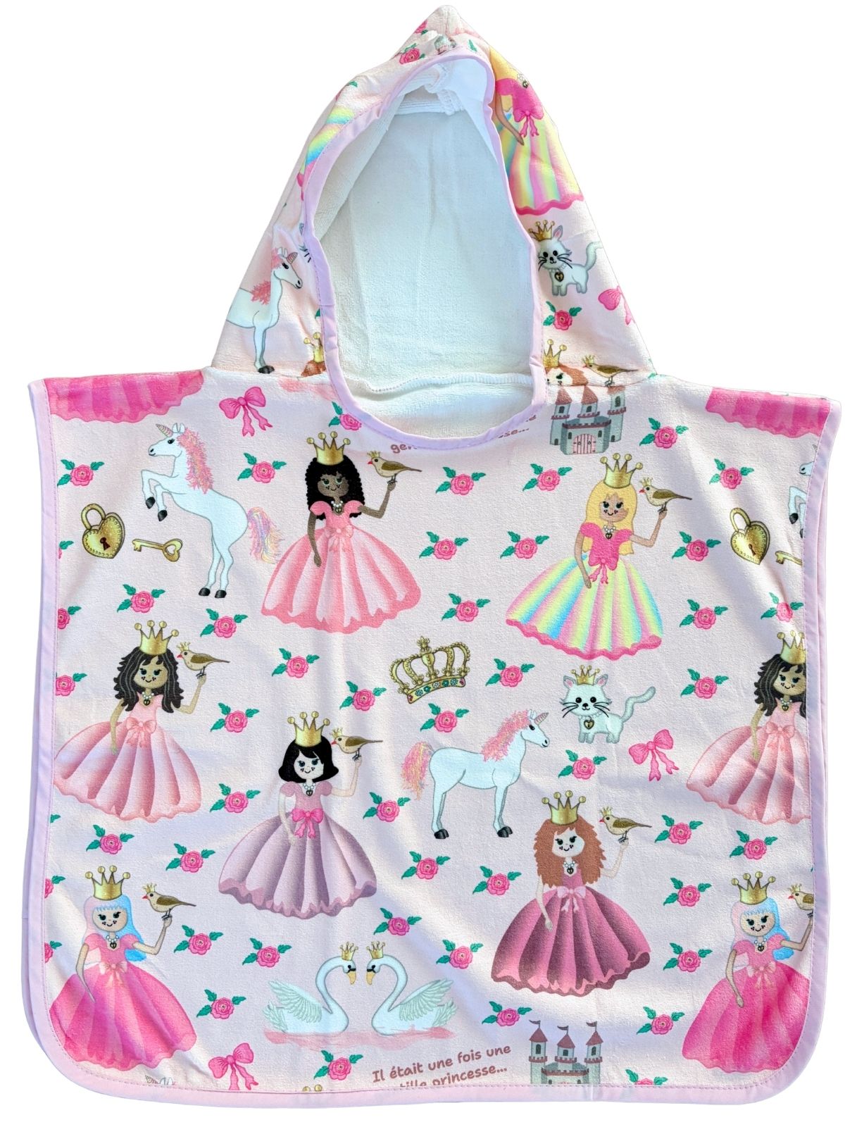 Serviette poncho à capuchon pour bébé (0-18 mois) : Princesses roses et licornes
