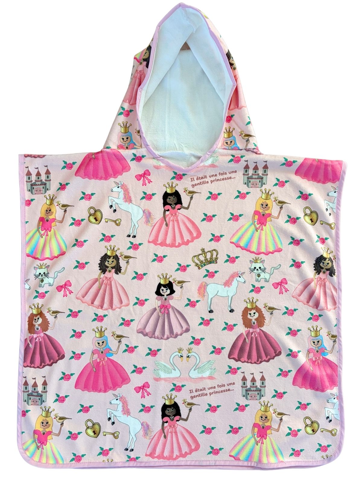 Serviette poncho à capuchon pour enfant (18 mois à 5 ans) : Princesses roses et licornes