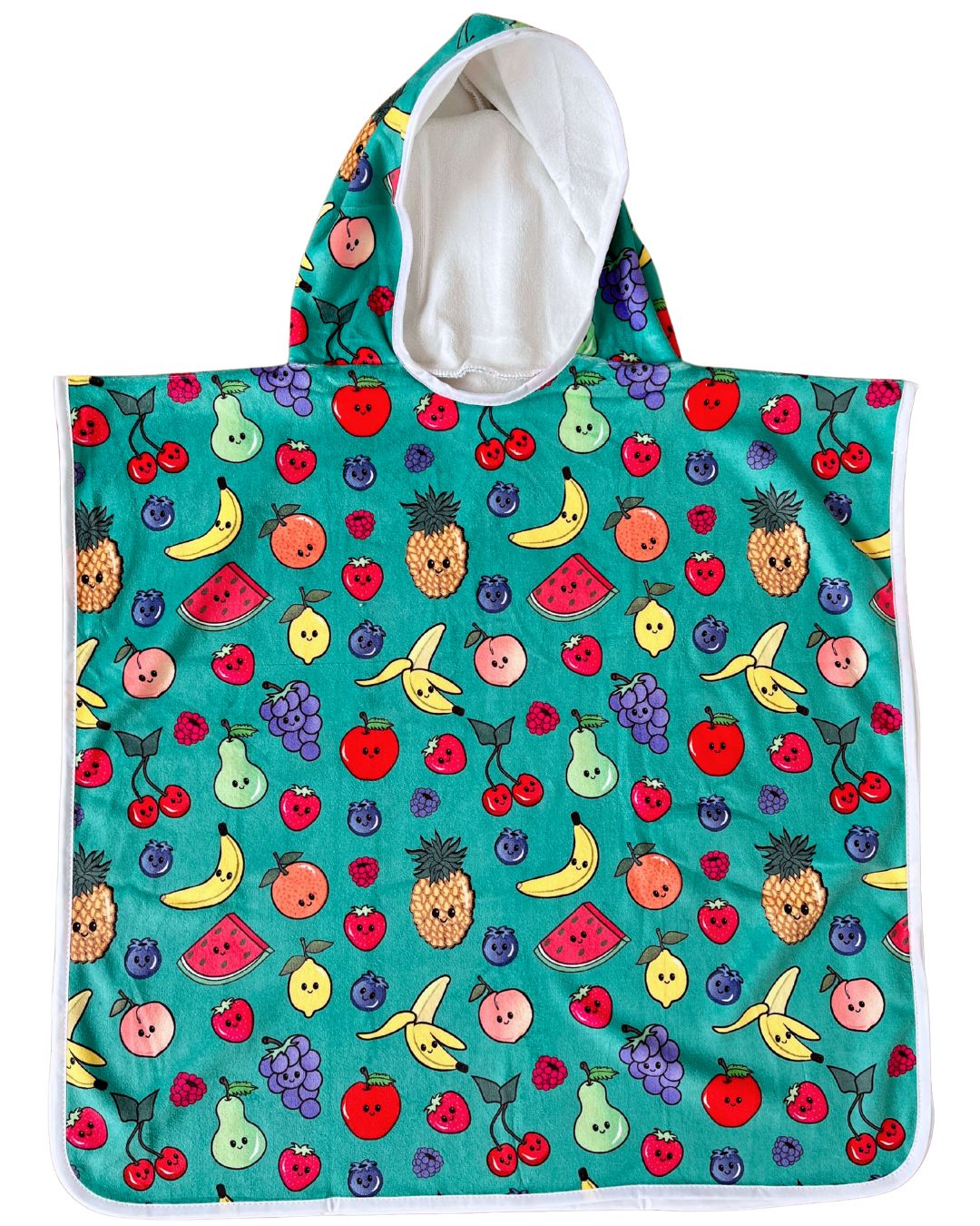 Children's hooded poncho towel (18 months to 5 years) : Cute fruits (teal background)