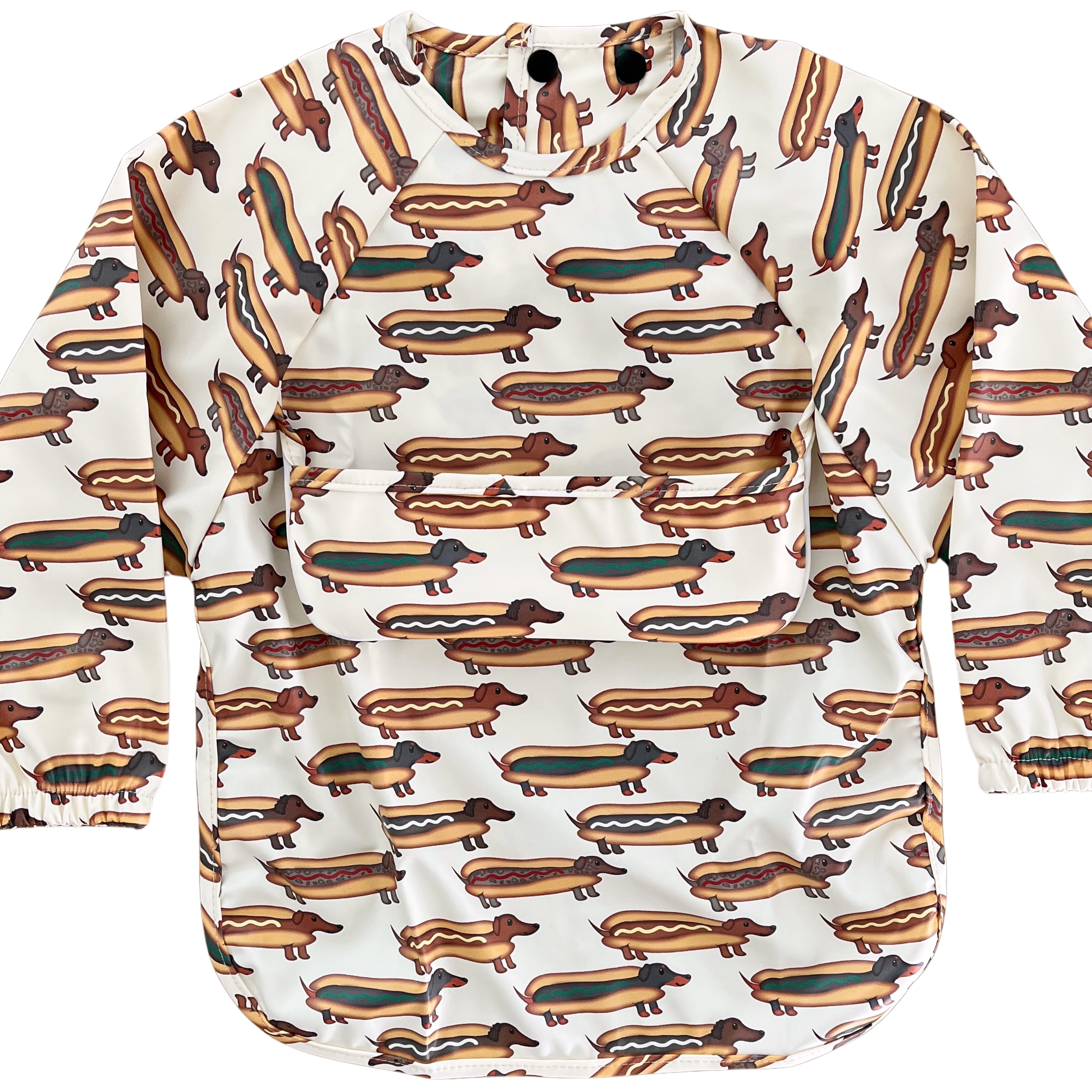 Bavette imperméable à manches longues avec poche : Chiens saucisse déguisés en hot dog