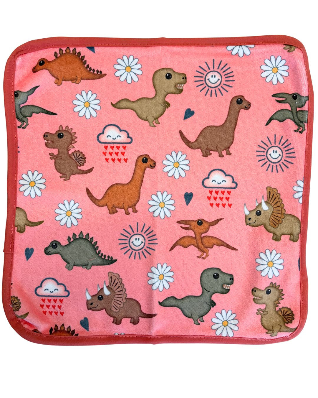 Débarbouillette : Dinosaures adorables (fond corail)
