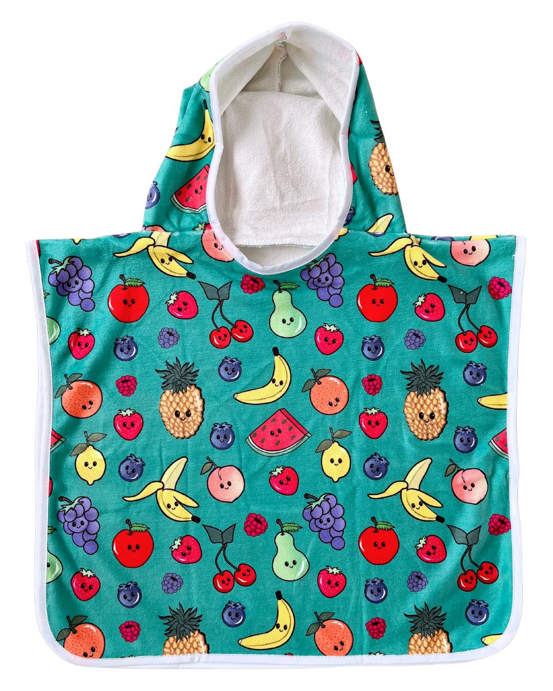 Hooded poncho towel for baby (0-18 months) : Cute fruits (teal background)