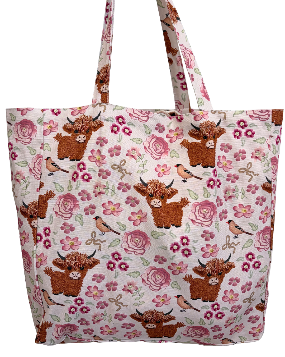 Sac réutilisable illustré : Vaches Highland dans un jardin fleuri rose