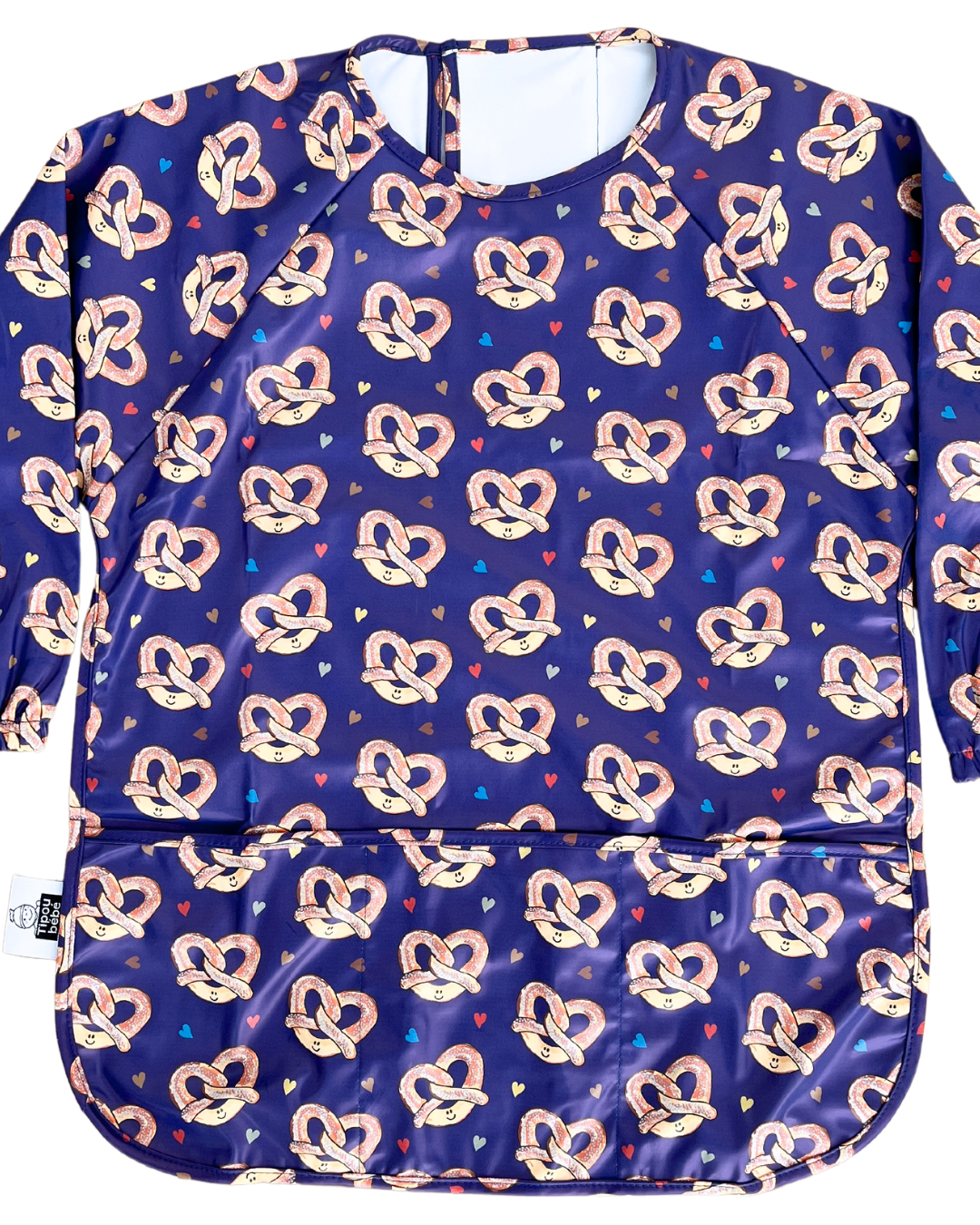 TABLIER d’art et de cuisine imperméable pour enfant (4 à 7 ans) : Pretzels salés (Fond bleu royal)