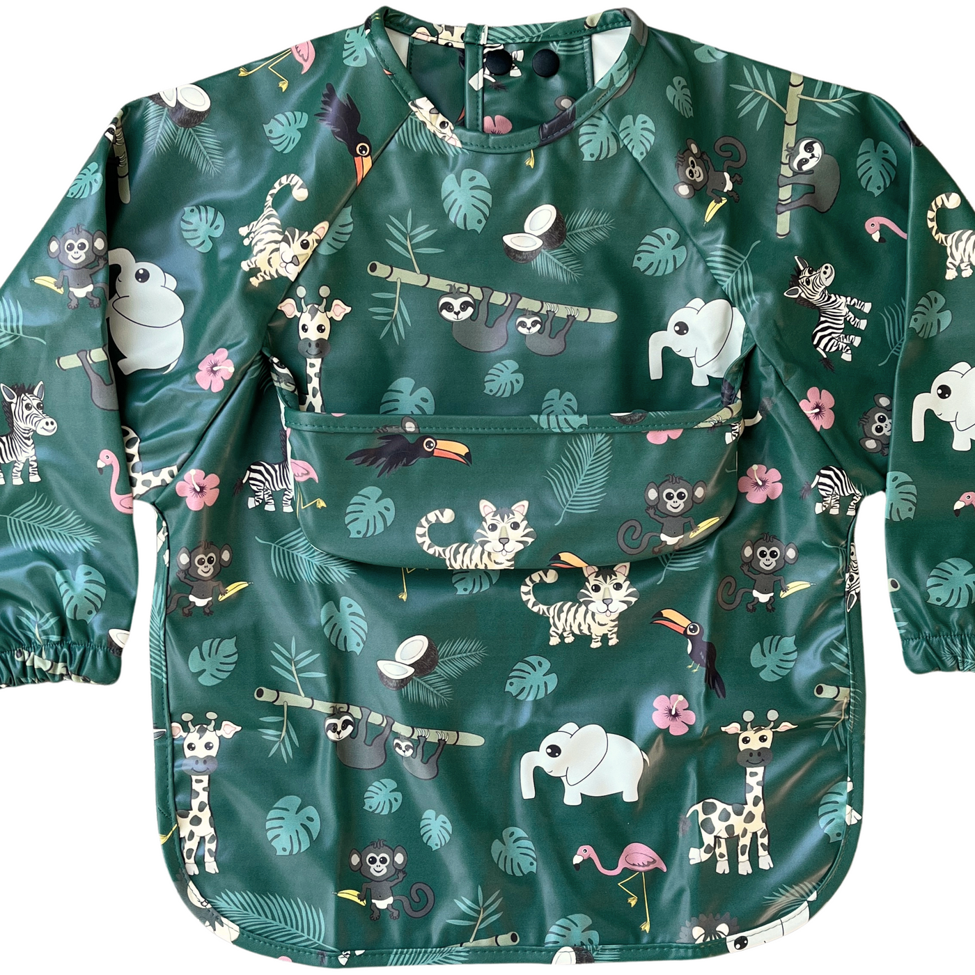 Long-sleeve waterproof bib with pocket: Jungle animals