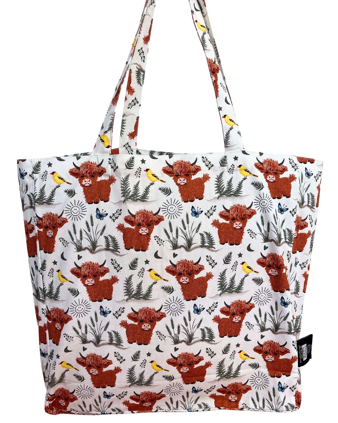 Sac réutilisable illustré : Vaches Highland (fond beige)