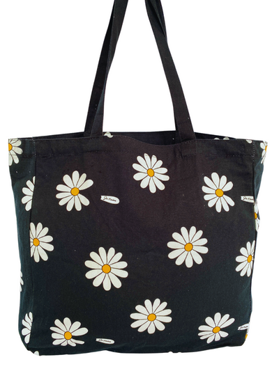 Illustrated Tote Bag: Daisies (Black Background)