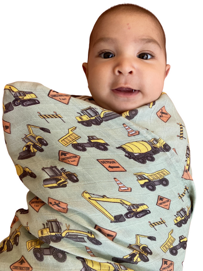 Muslin Swaddle: Construction Trucks (Sage Green Background)