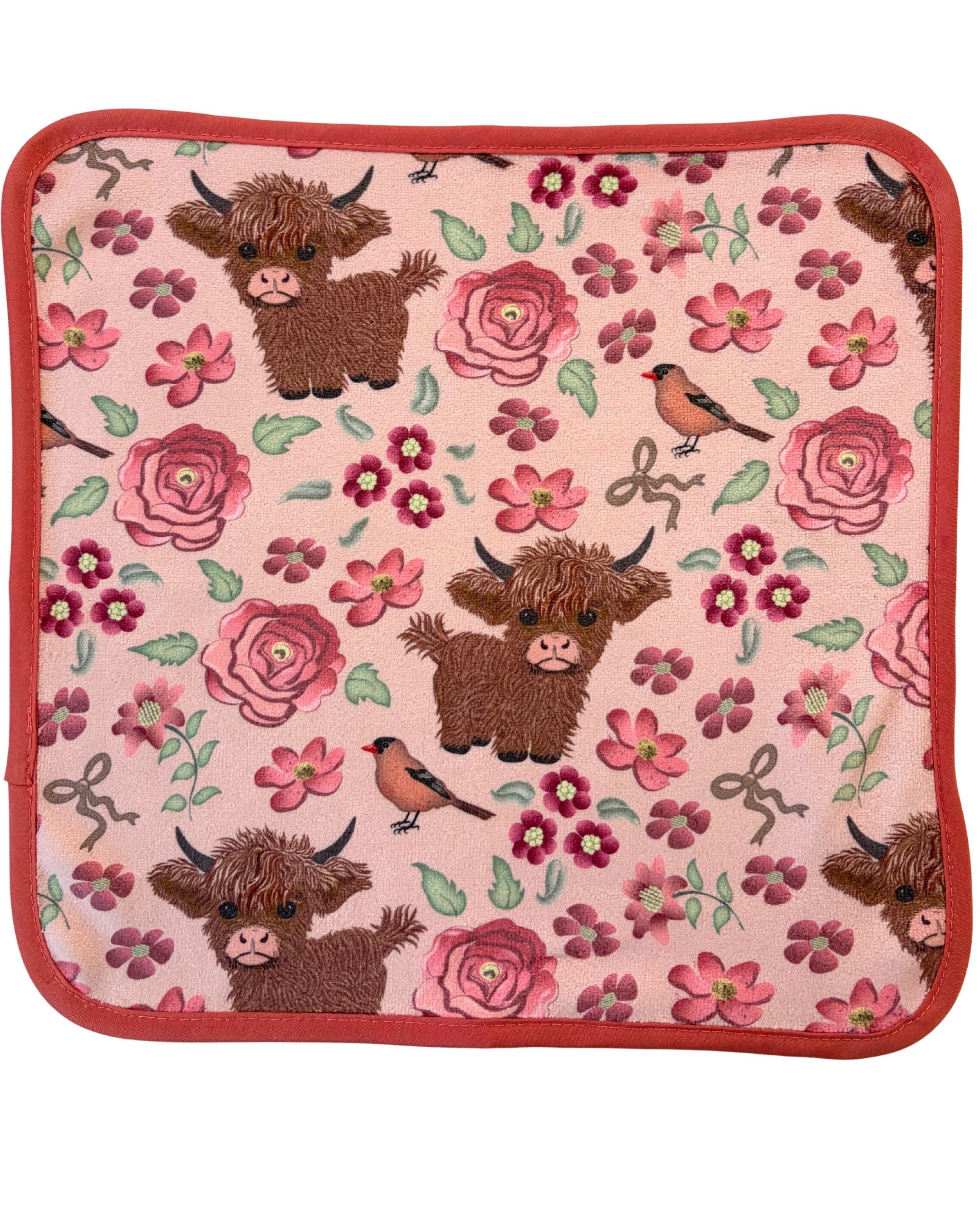 Washcloth: Highland Cows in a Pink Flower Garden
