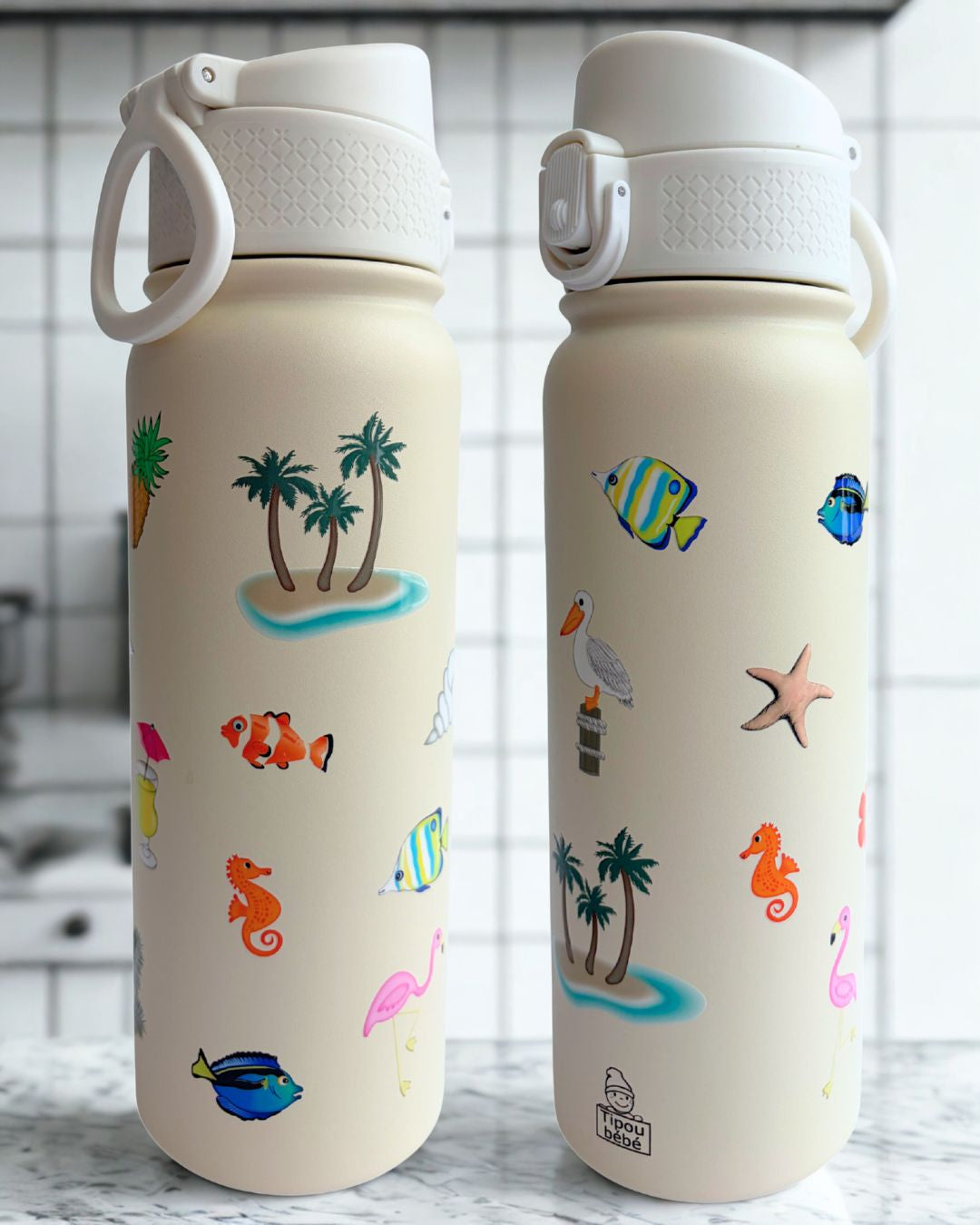 600 ml water bottle - Palms, fish and tropical beach