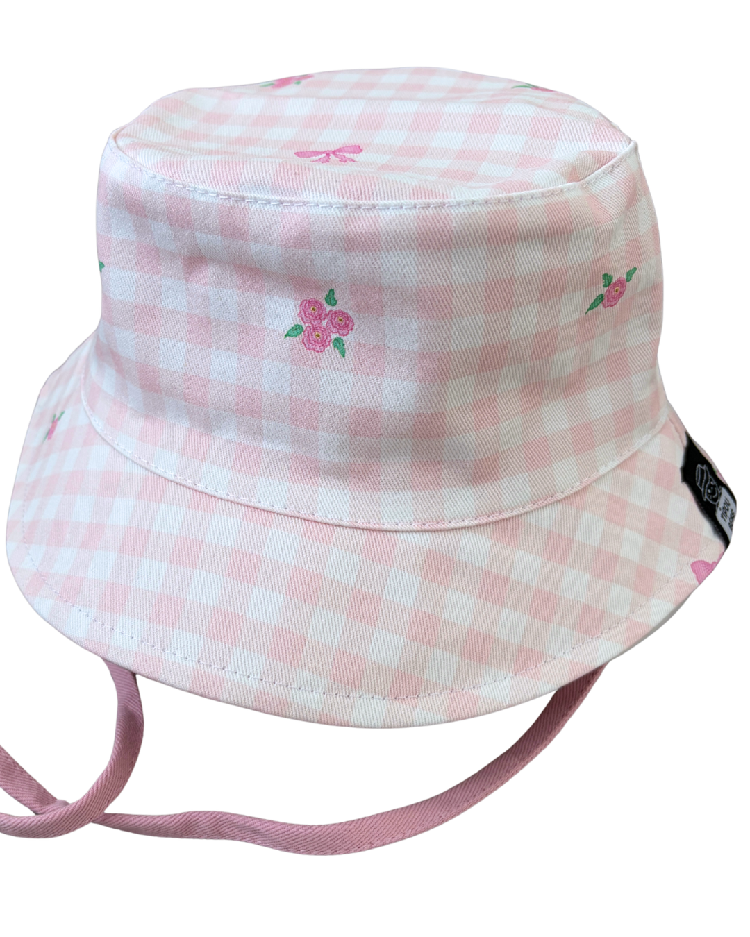 Chapeau Reversible : Motif gingham rose, roses et boucles