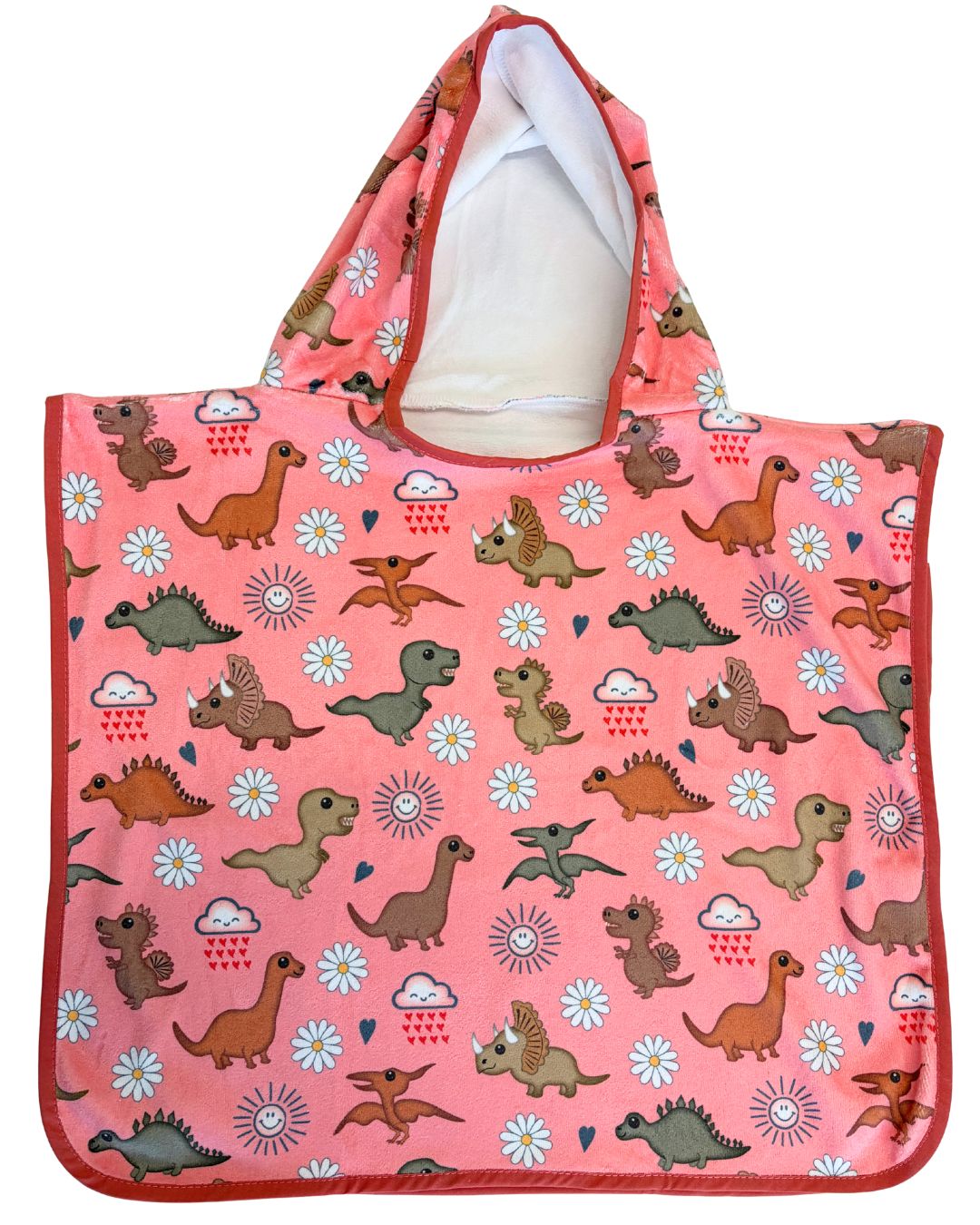 Serviette poncho à capuchon pour bébé (0-18 mois) : Dinosaures adorables (fond corail)