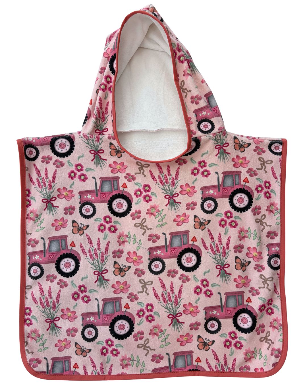 Serviette poncho à capuchon pour bébé (0-18 mois) : Tracteurs de ferme dans un jardin fleuri rose