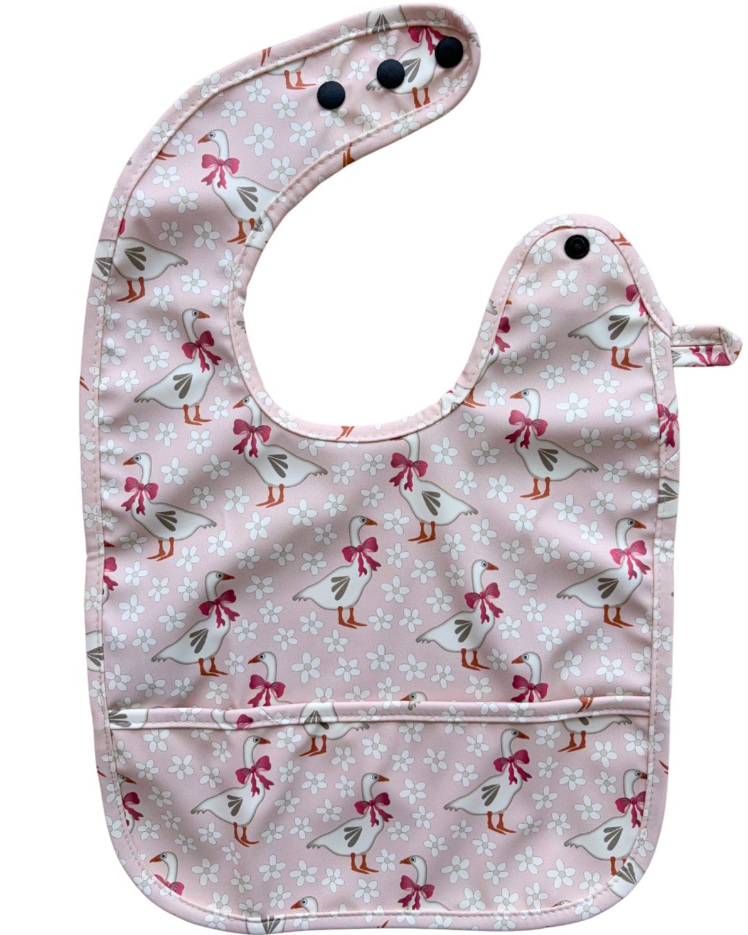 Bavette imperméable avec poche : Oies jardins de marguerites fond rose