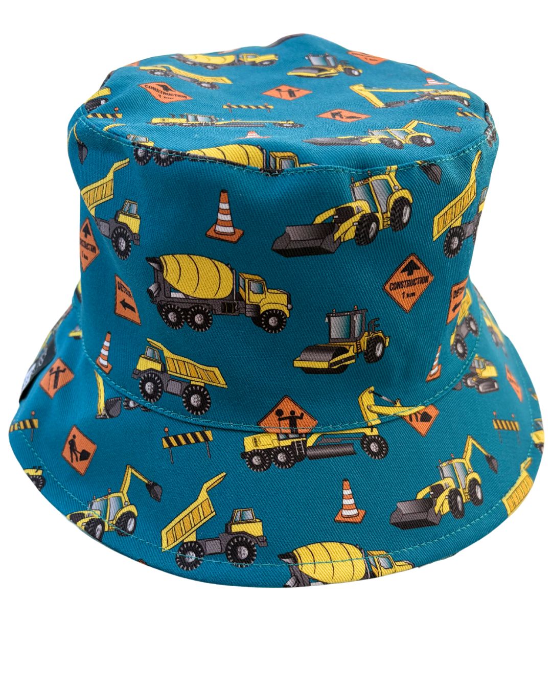 Chapeau Reversible : Camions de construction (fond bleu sarcelle)