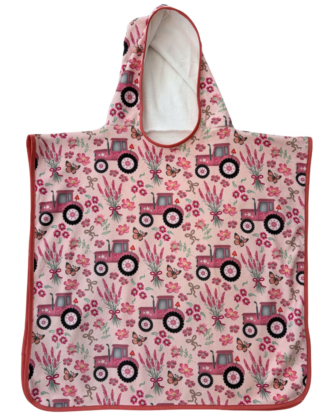 Serviette poncho à capuchon pour enfant (18 mois à 5 ans) : Tracteurs de ferme dans un jardin fleuri rose