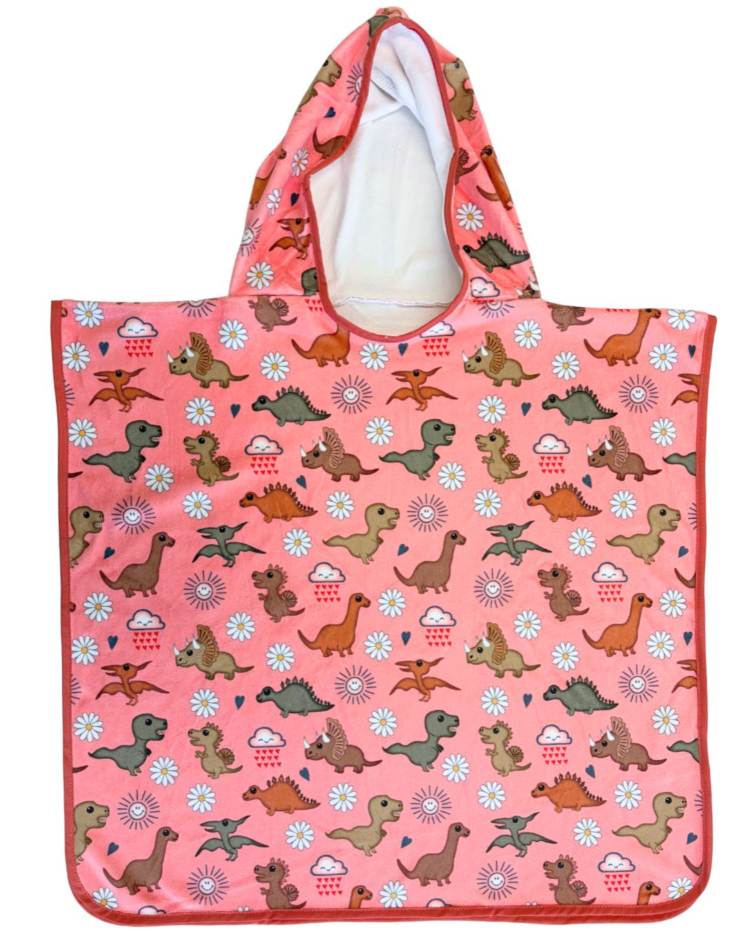 Serviette poncho à capuchon pour enfant (18 mois à 5 ans) : Dinosaures adorables (fond corail)