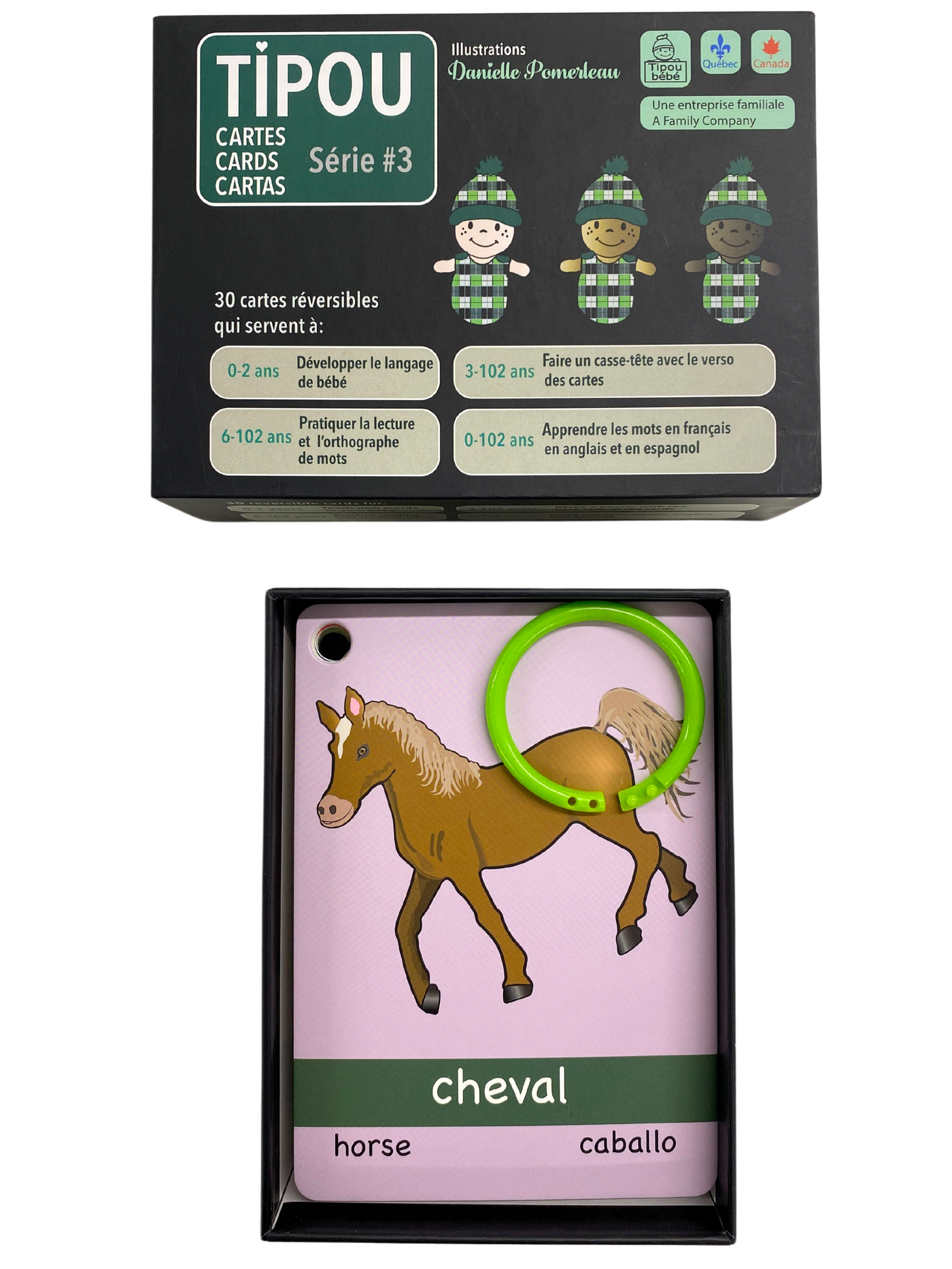 Series Green: Learning Cards in 3 languages (English, French, Spanish)