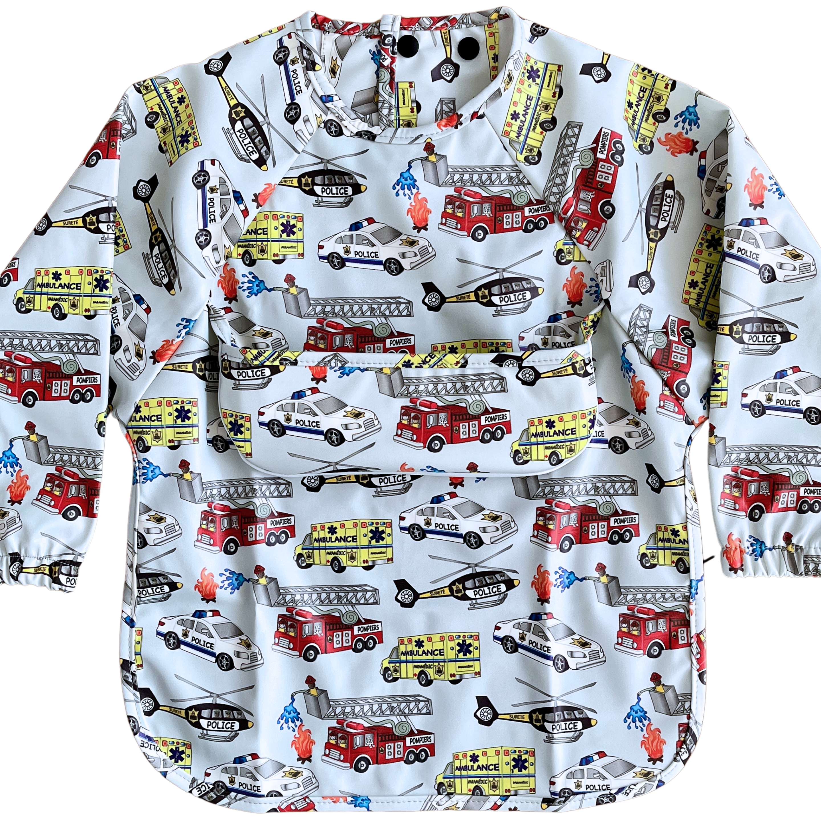 Waterproof long-sleeve bib with pocket: The Heroes (police, ambulances, fire trucks, helicopters)