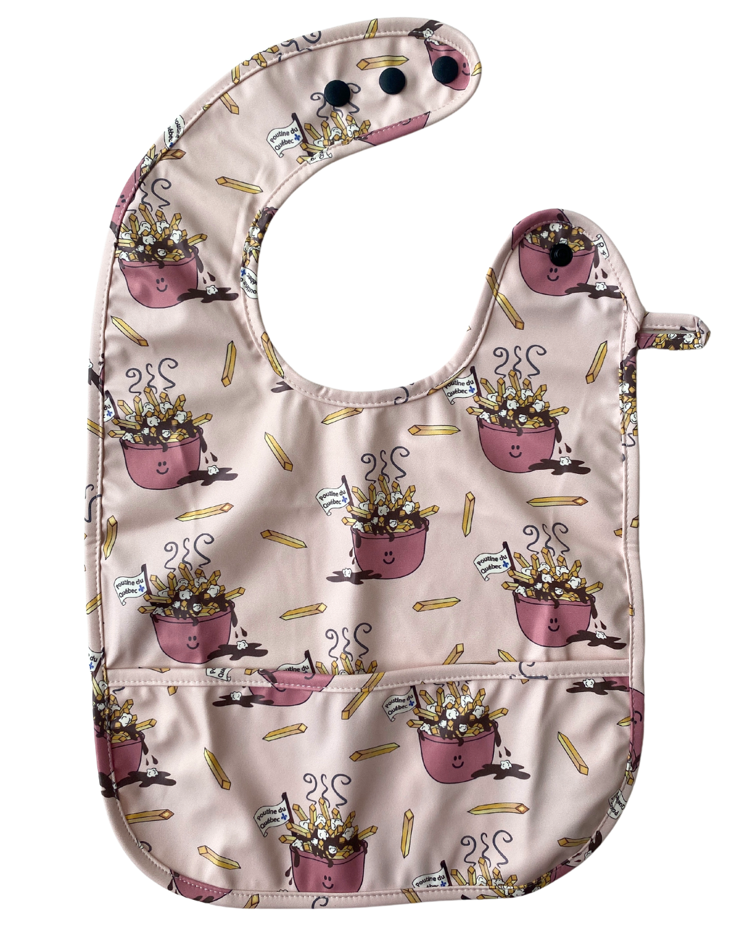 Bavette imperméable avec poche : Poutines du Québec (fond rose)
