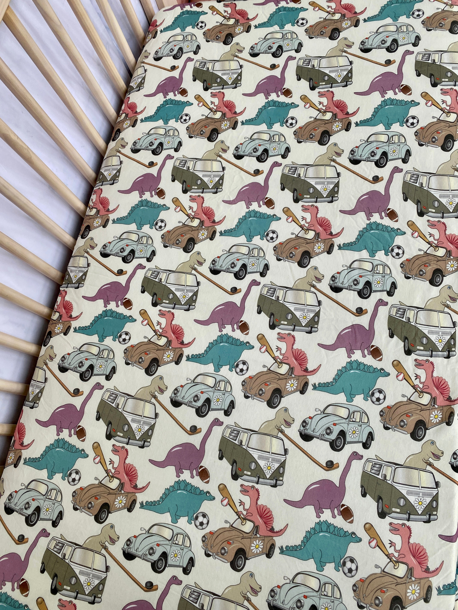 Drap contour pour bassinette en coton : Les dinos en auto