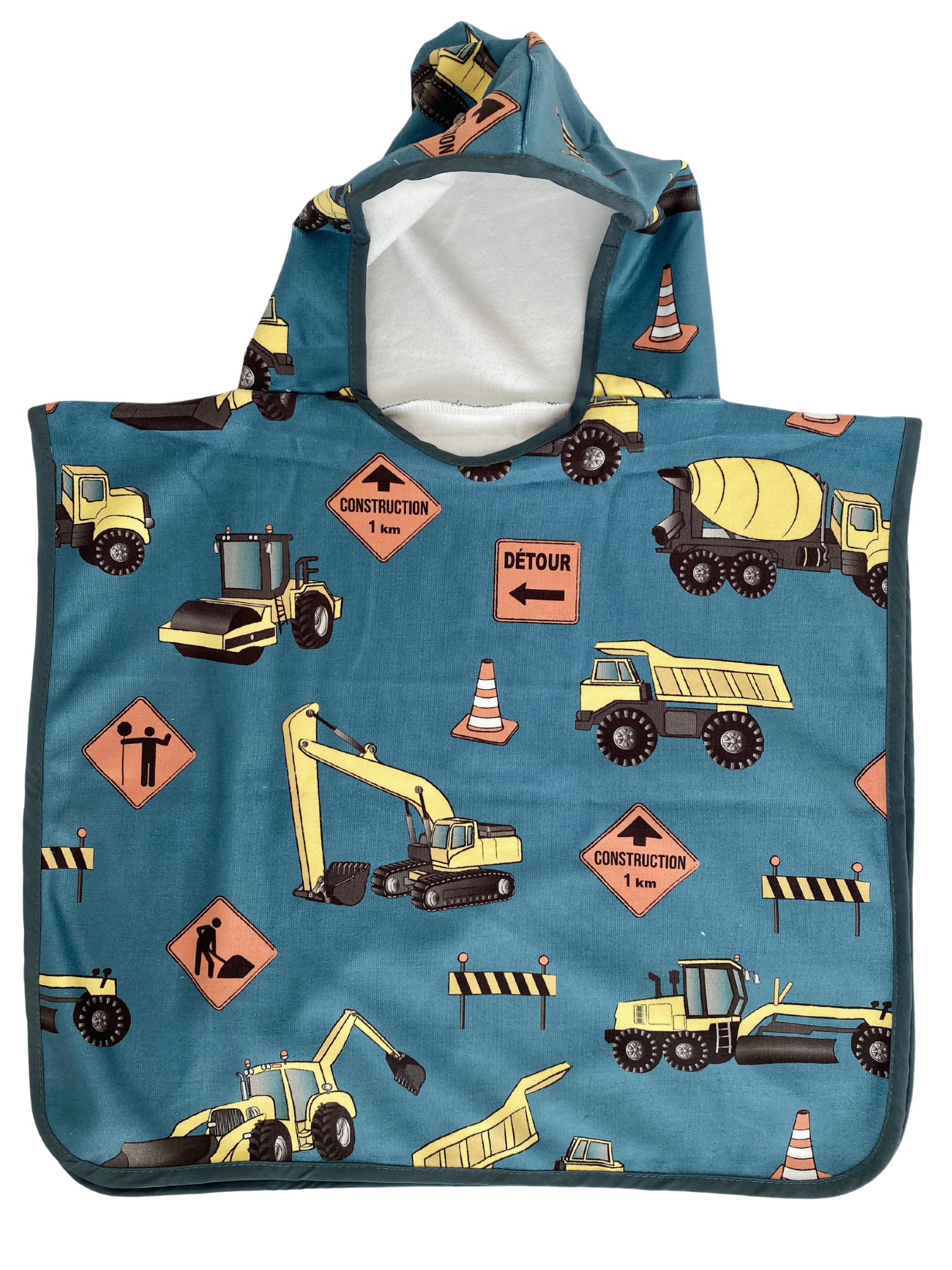 Hooded poncho towel for baby (0-18 months): Construction trucks (teal blue background)