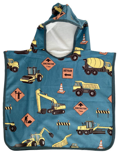Hooded Baby Towel (0-18 months): Construction Trucks (Teal Background)