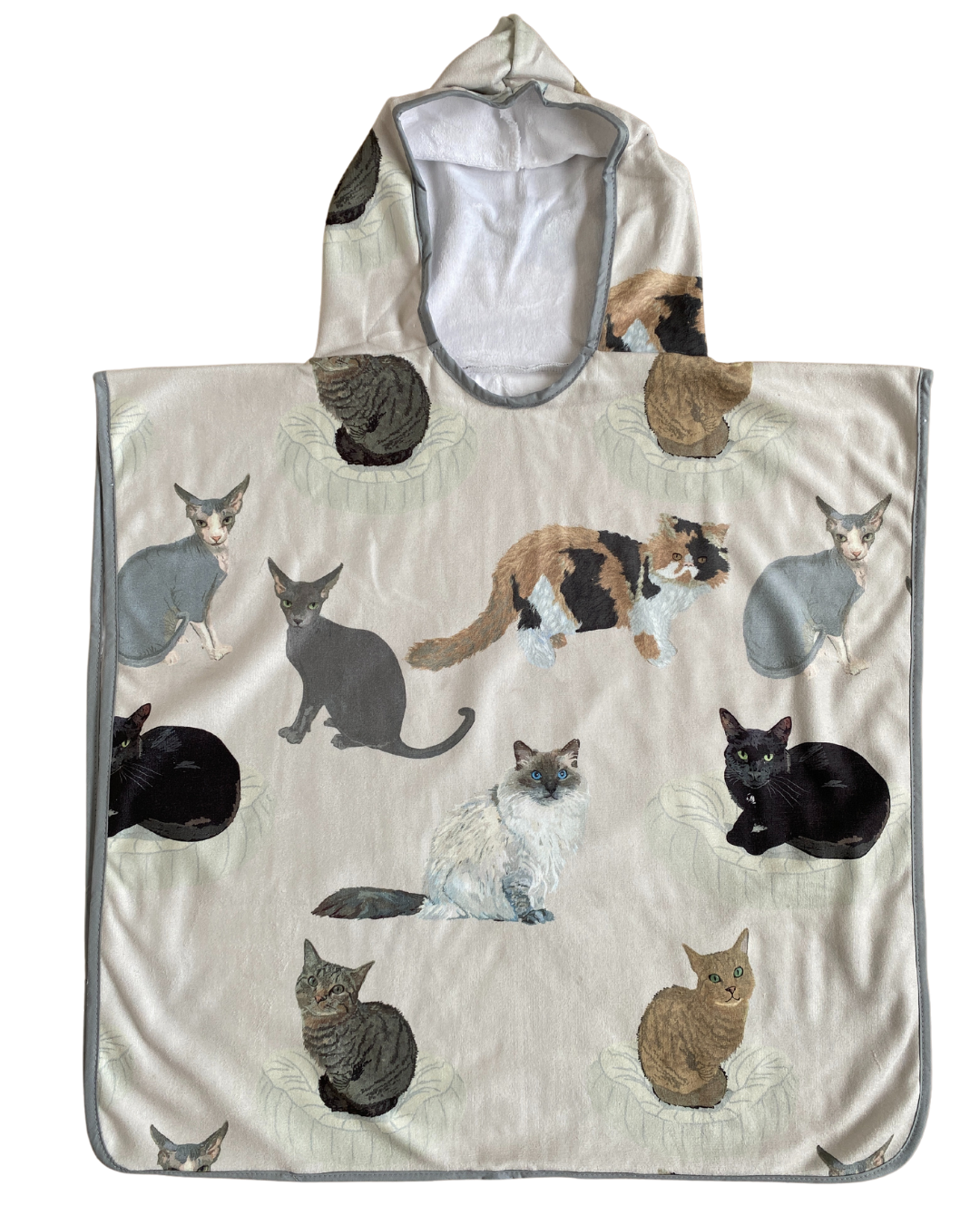 Serviette poncho à capuchon pour enfant (18 mois à 5 ans) : Mes amis les chats (fond beige)