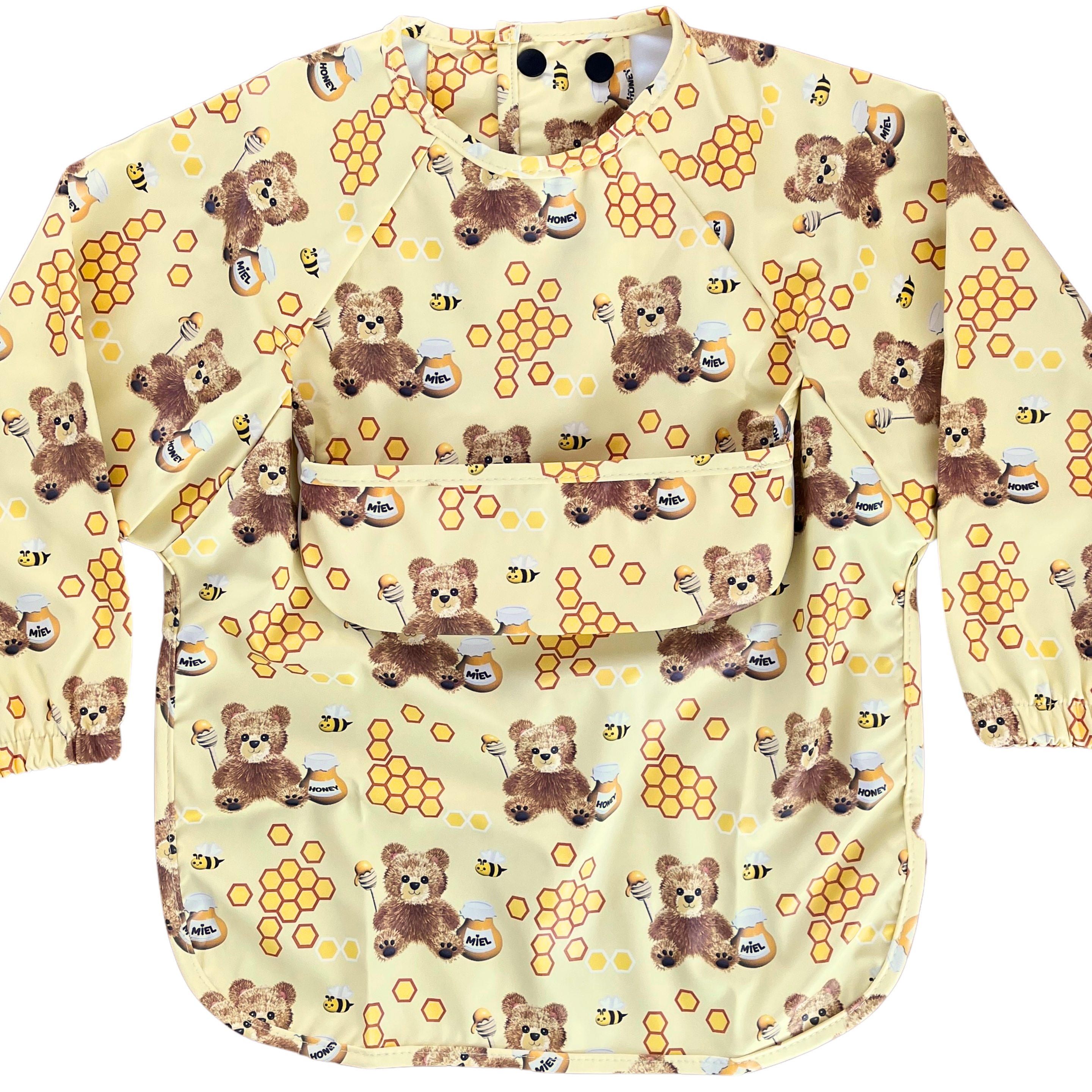 Waterproof long-sleeve bib with pocket: Charming little bears and their honey pots