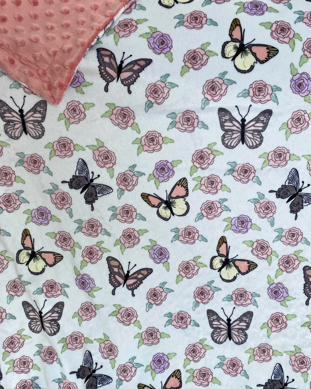 Baby Blanket: Butterflies in a rose garden (pink minky)