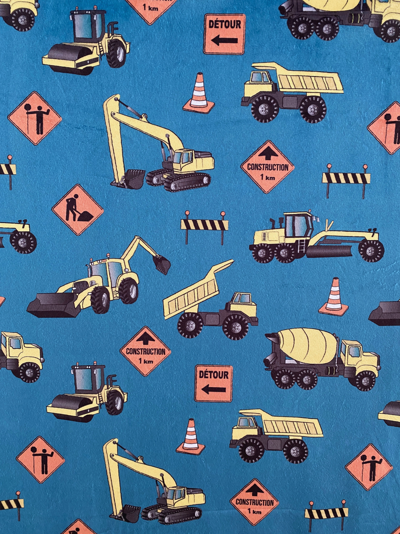 Couverture Géante : Camions de construction (fond bleu sarcelle)