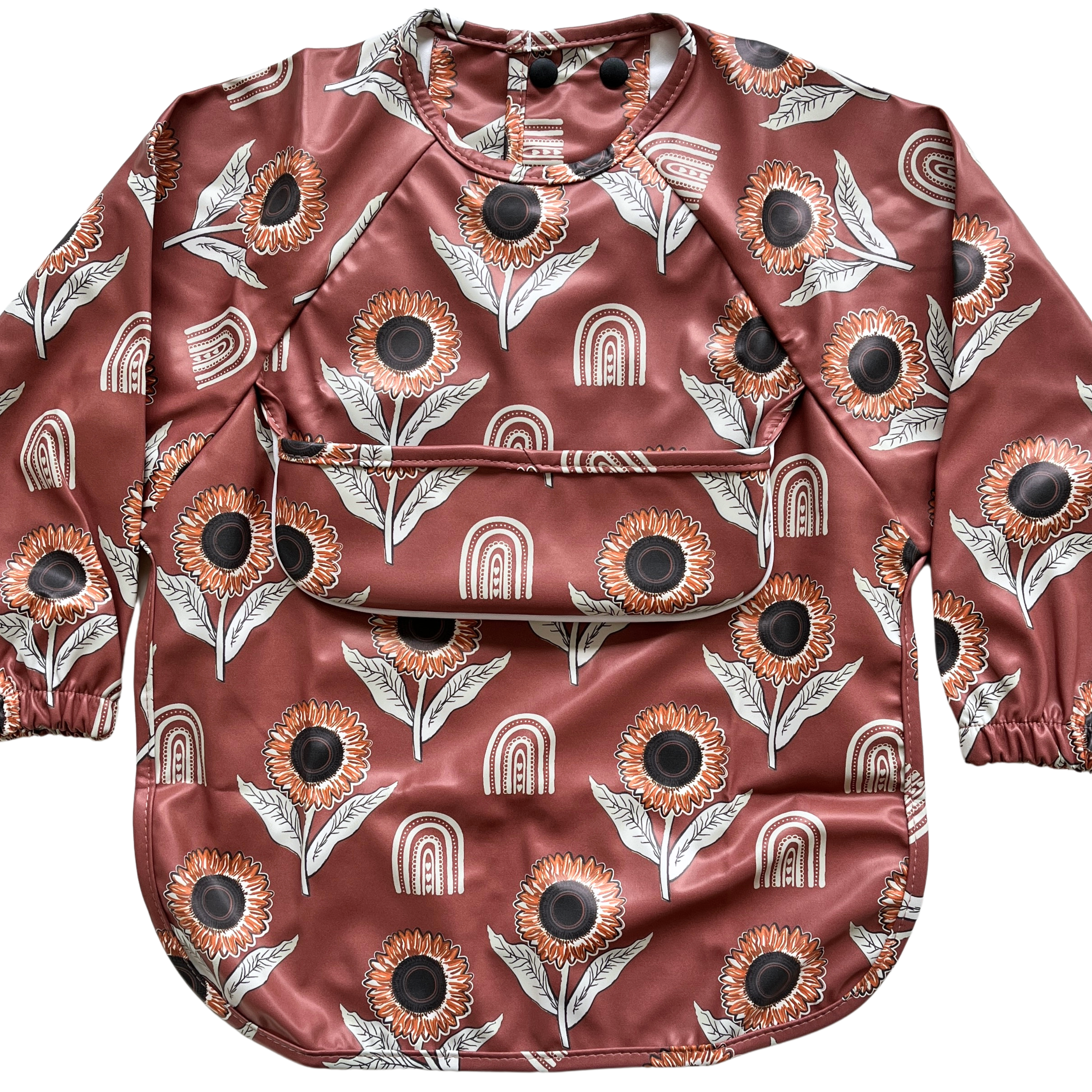 Bavette imperméable à manches longues avec poche : Tournesols BOHO (fond terre)