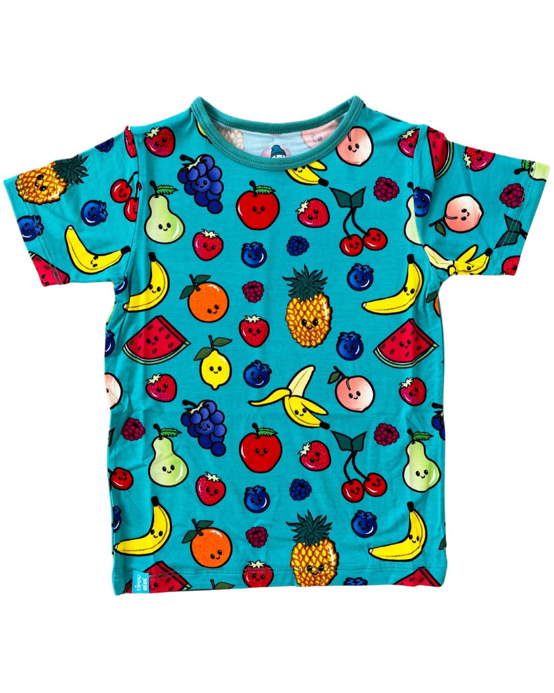 T-shirt bébé et enfant ultra doux en bambou : Fruits mignons (fond sarcelle)