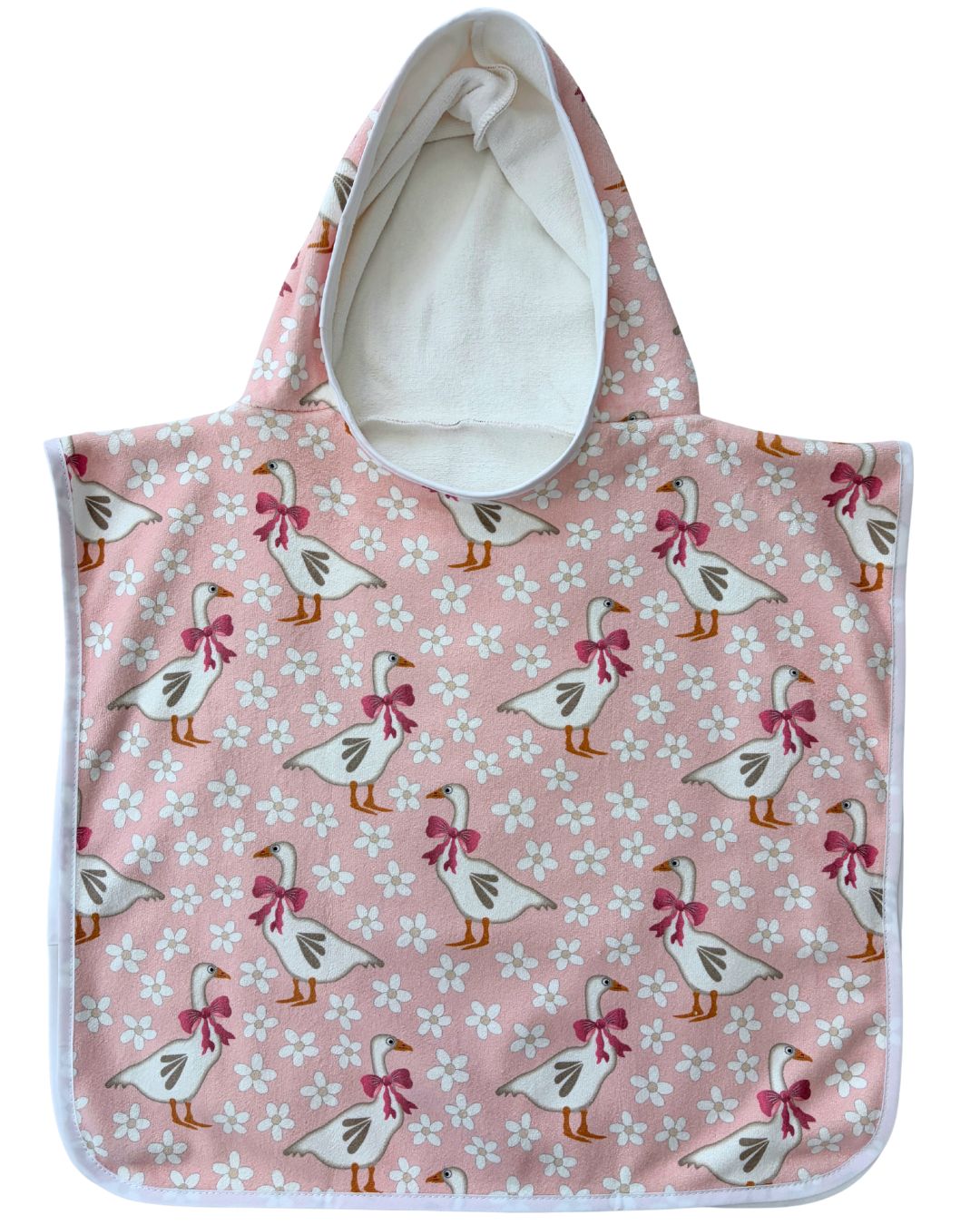 Serviette poncho à capuchon pour bébé (0-18 mois) : Oies jardins de marguerites fond rose