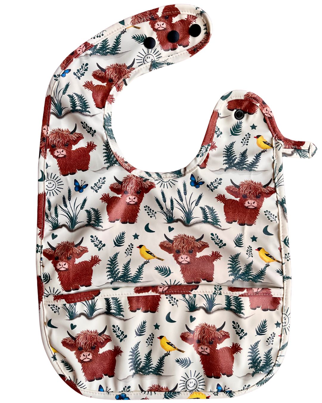 Bavette imperméable avec poche : Vaches Highland (fond beige)