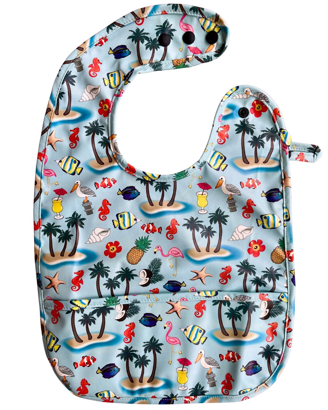 Waterproof bib with pocket: Palm trees, fish and tropical beach