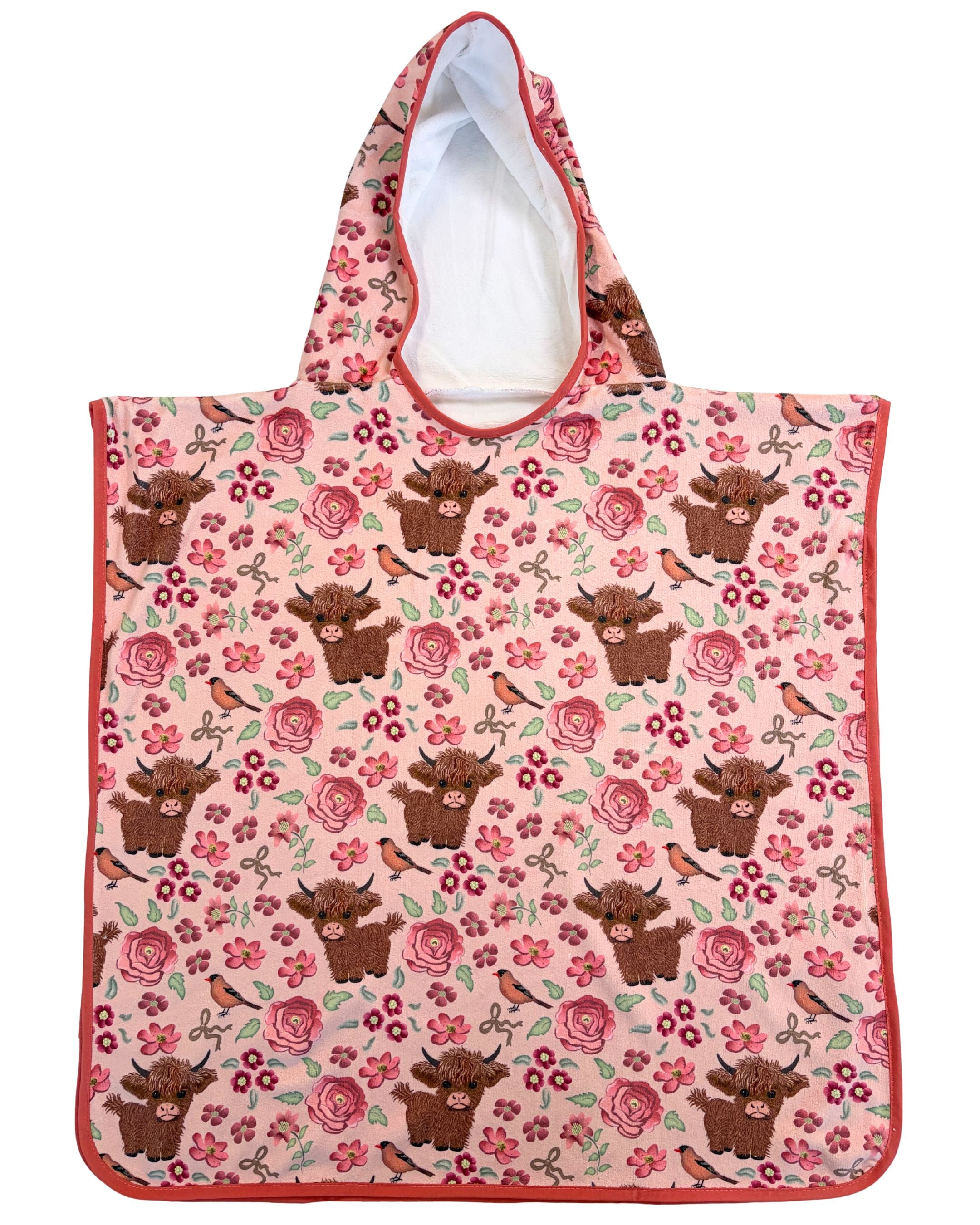 Hooded poncho towel for kids (18 months to 5 years): Highland cows in a pink flowered garden