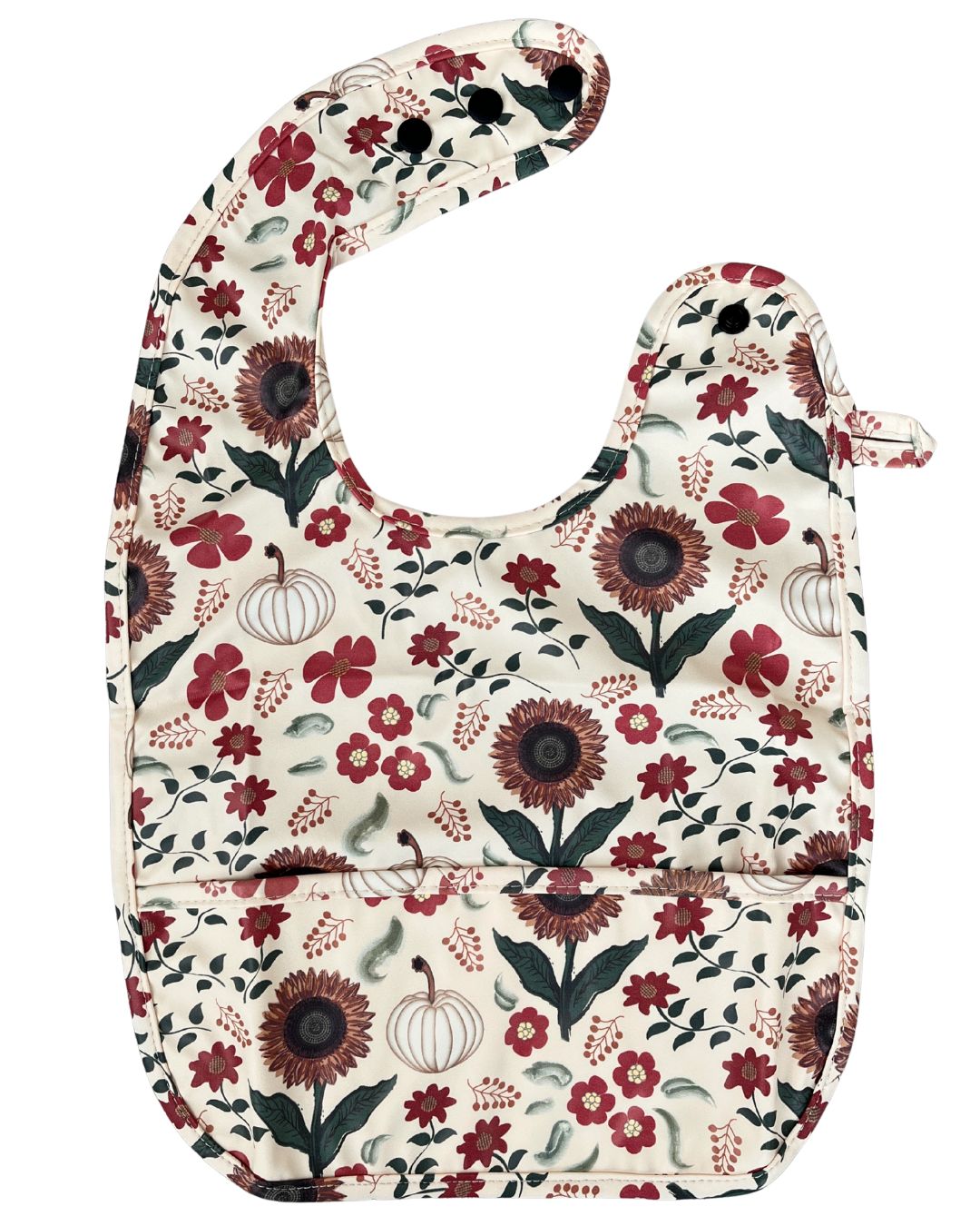 Bavette imperméable avec poche : Motif floral de teinte bourgogne et petites citrouilles