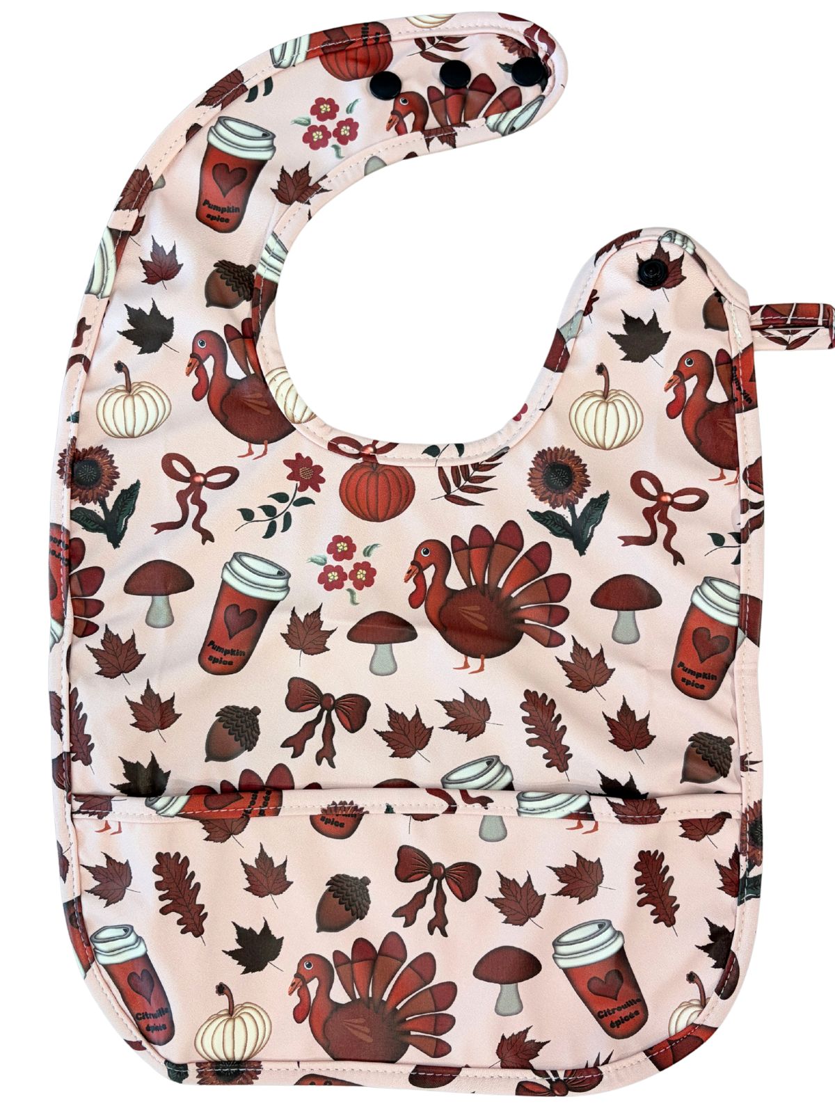 Bavette imperméable avec poche : Dindons d’automne (fond rose)