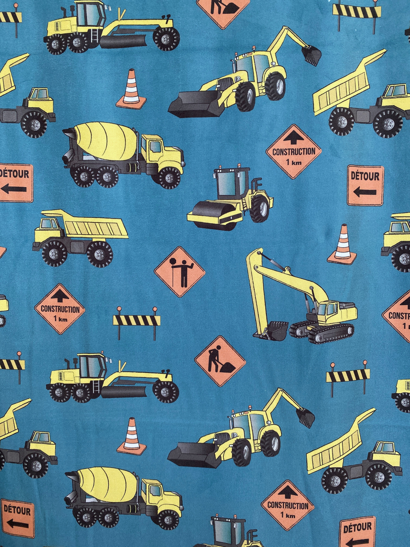 Adult Towel: Construction Trucks (Teal Background)