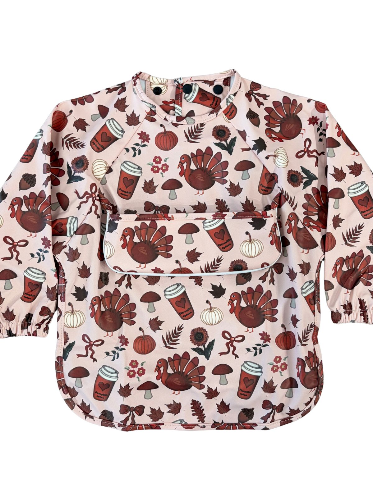 Bavette imperméable à manches longues avec poche : Dindons d’automne (fond rose)