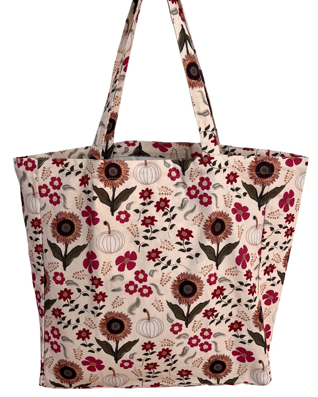 Sac réutilisable illustré : Motif floral de teinte bourgogne et petites citrouilles